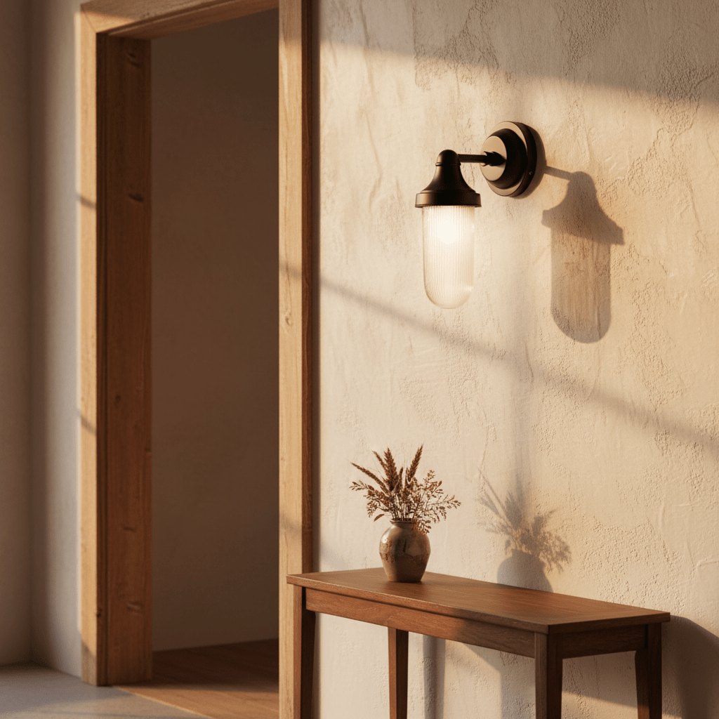 Fabio Hanging Lamp in Matt Black mounted on a textured wall, casting a soft shadow, with a wooden table and vase nearby.