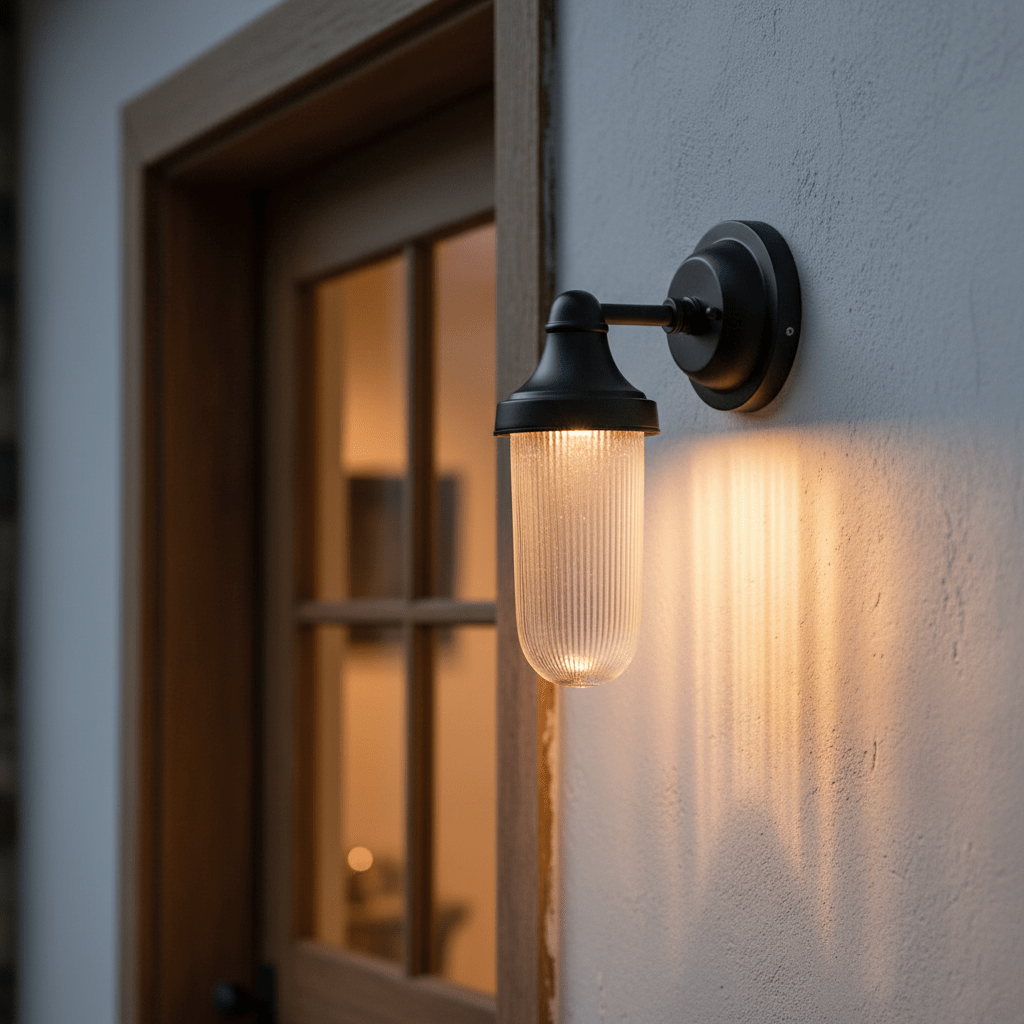 Close-up of the Fabio Hanging Lamp in Matt Black, mounted on a wall, illuminating a doorway with a warm glow.