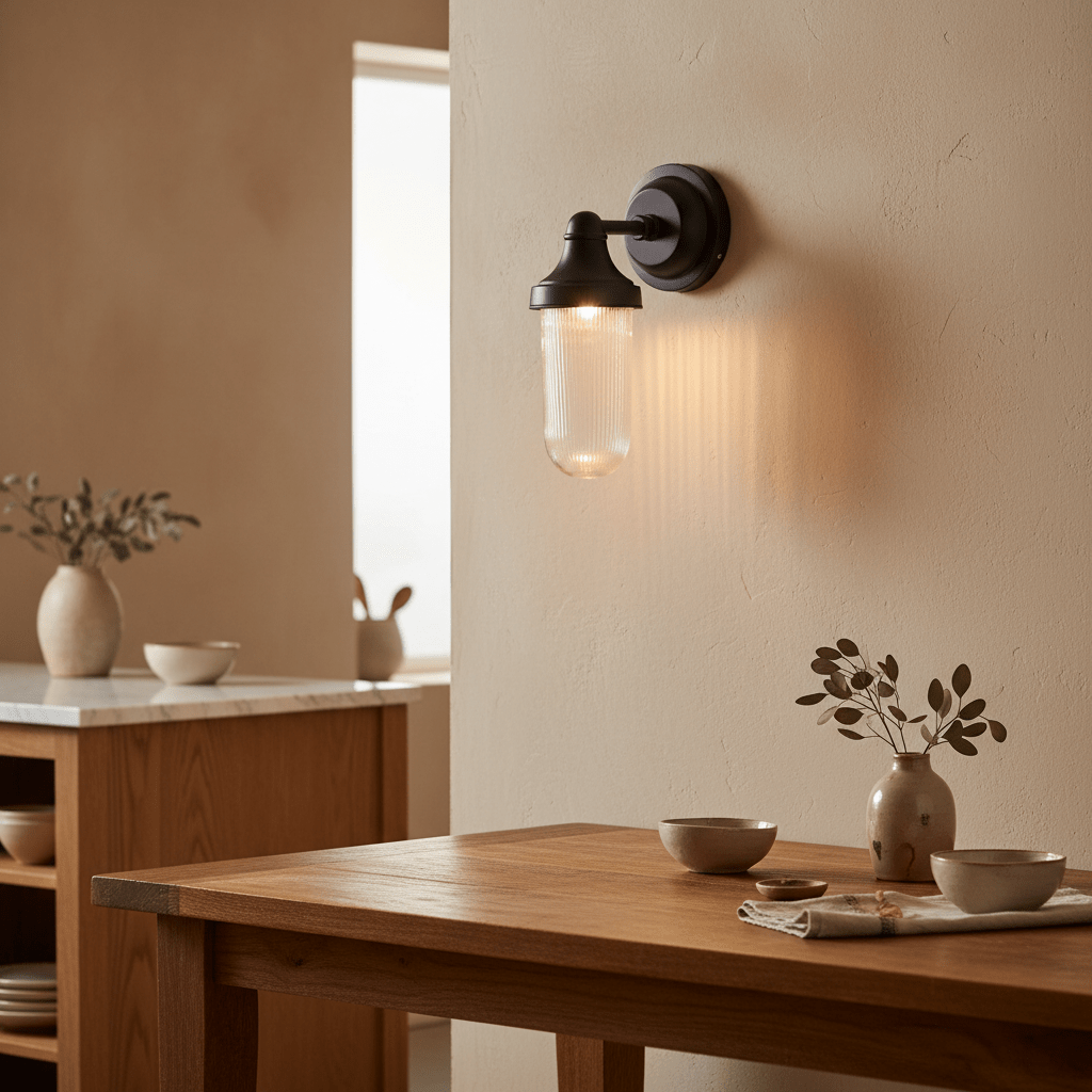 Elegant Fabio Hanging Lamp in Matt Black mounted on a textured wall, illuminating a wooden table with decor.