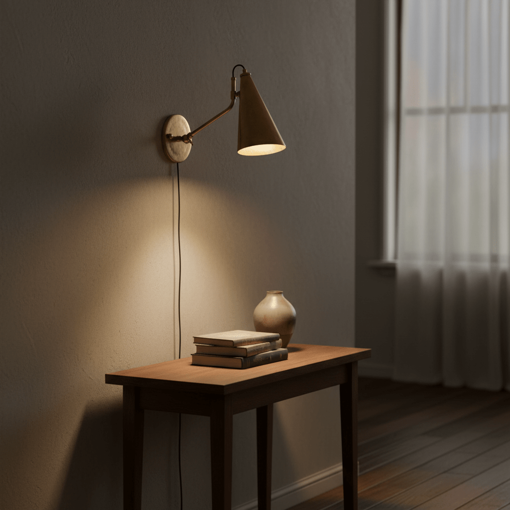 Antique brass wall lamp illuminating a wooden table with books and a vase.