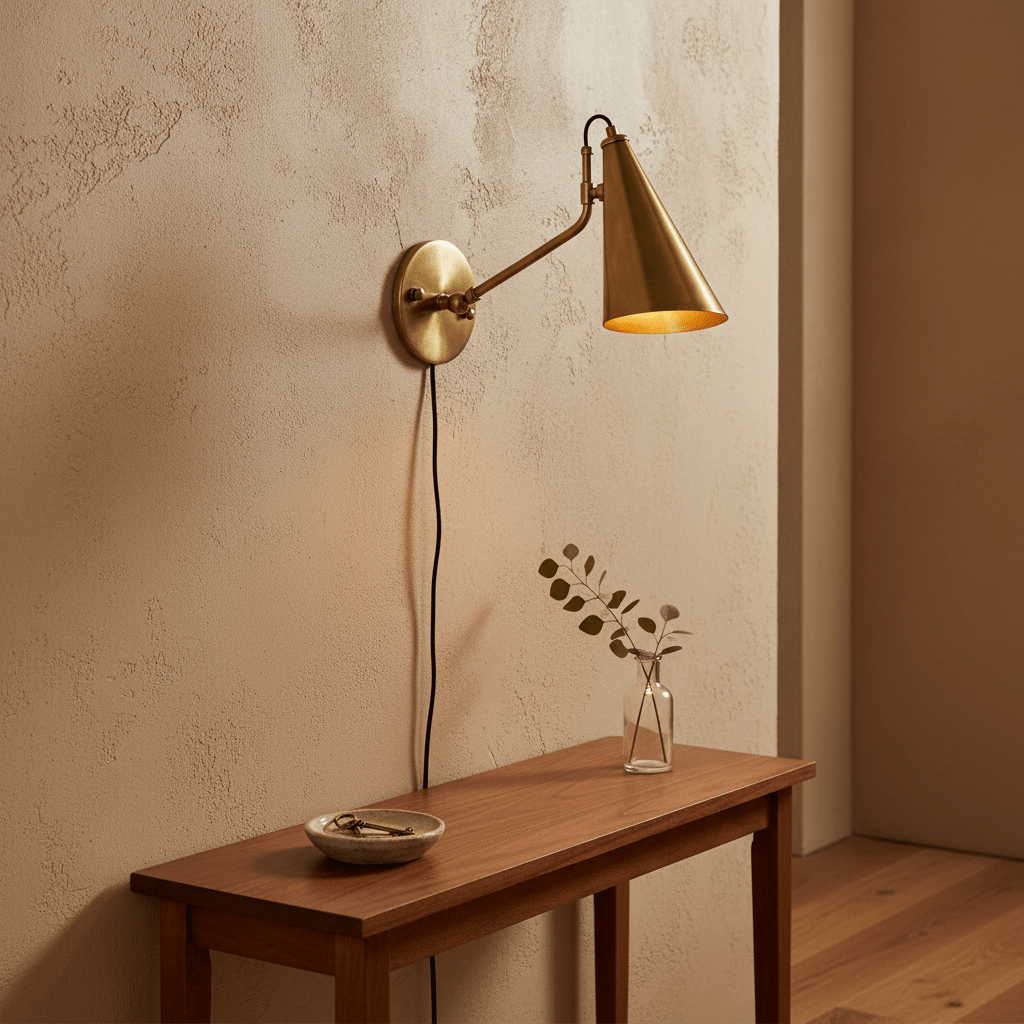 Antique brass wall lamp with adjustable arm mounted on textured wall, illuminating a wooden table with decor.