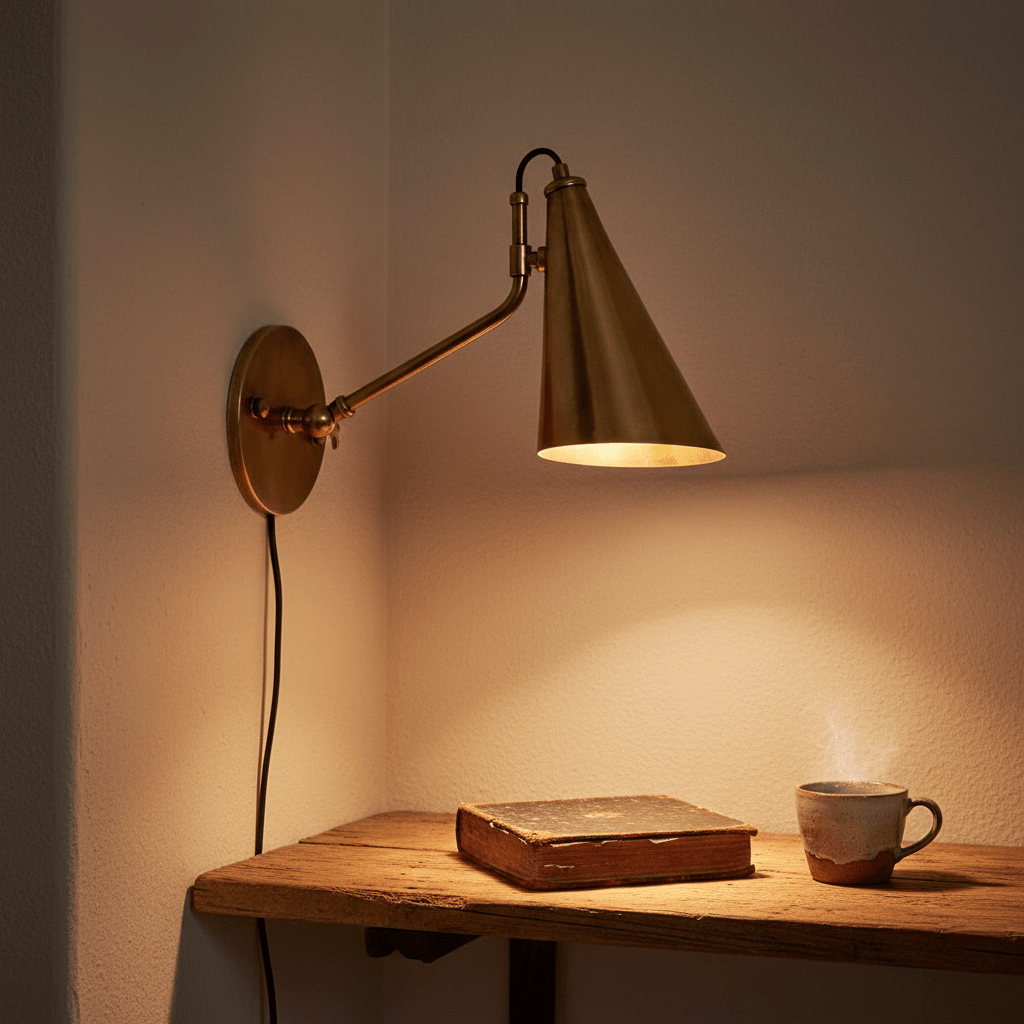 Antique brass wall lamp with adjustable arm illuminating a wooden shelf with a book and a steaming cup.