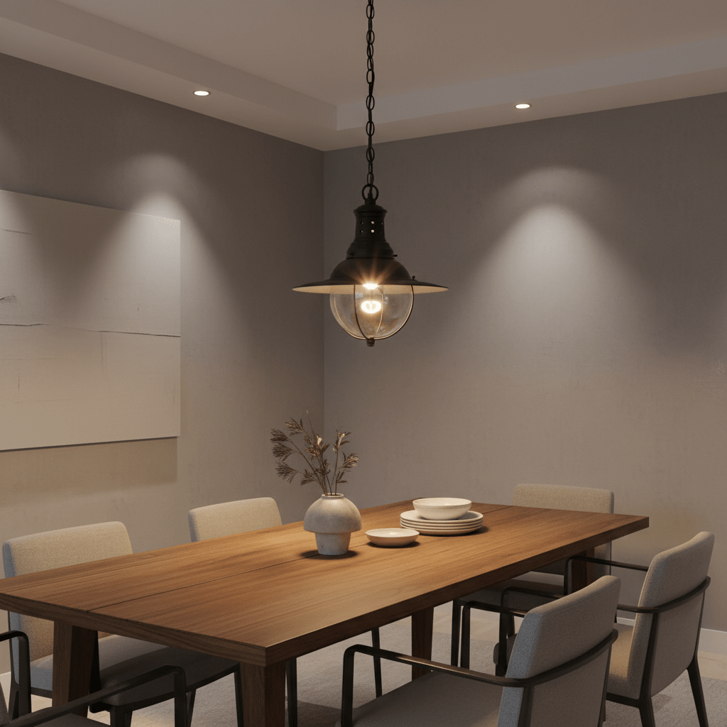 Wellington Hanging Lamp in matt black above a wooden dining table with chairs, showcasing its industrial design.