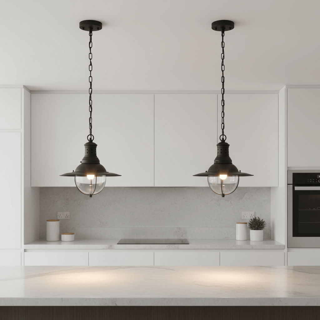 Two Wellington Hanging Lamps in matt black above a kitchen island, featuring wide flared shades and wire cages.