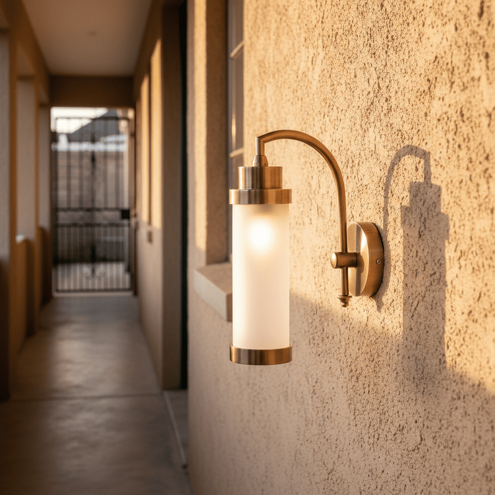 Antique brass outdoor wall light with cylindrical glass shade mounted on a textured wall, casting warm light.