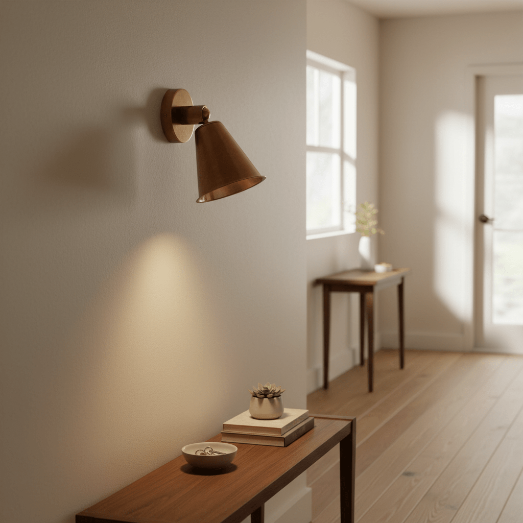 Antique brass wall lamp illuminating a wooden table with decor in a bright room.