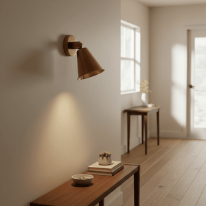 Antique brass wall lamp illuminating a wooden table with decor in a bright room.