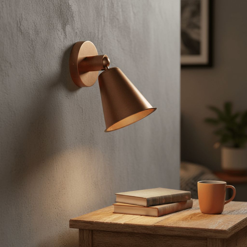Antique brass wall lamp mounted on a textured wall, illuminating a wooden table with books and a mug.