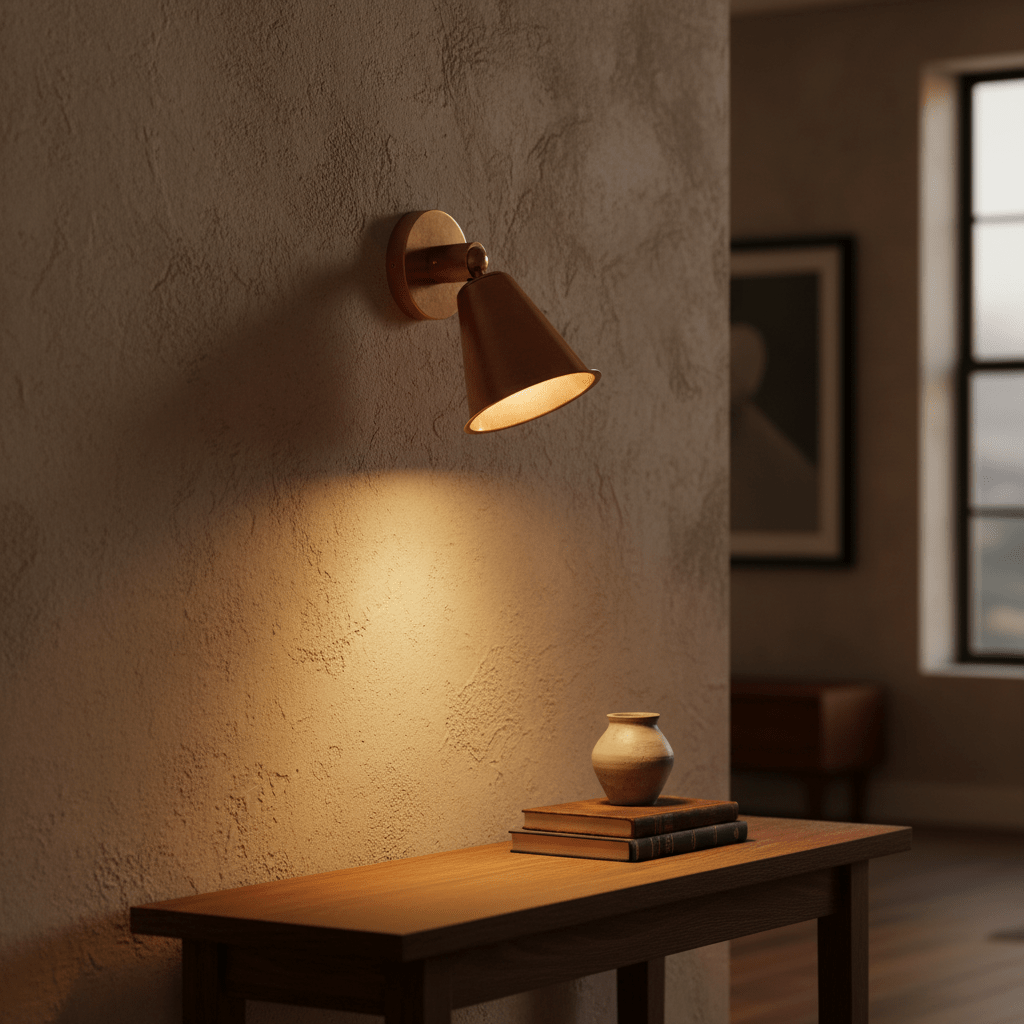 Antique brass wall lamp illuminating a wooden table with books and a vase, set against a textured wall.