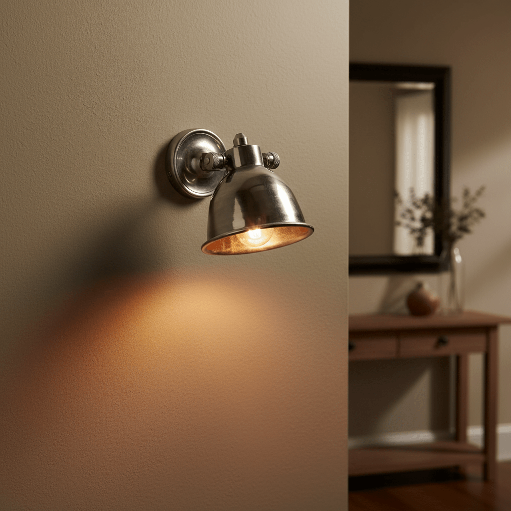 Antique silver wall lamp mounted on a beige wall, casting warm light with a stylish design.