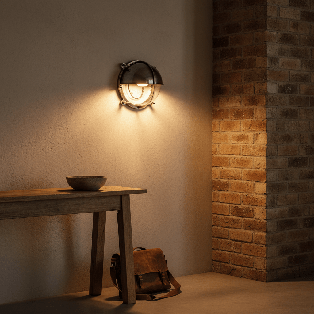 Nautical wall light mounted on a textured wall, illuminating a wooden table with a bowl and a bag nearby.
