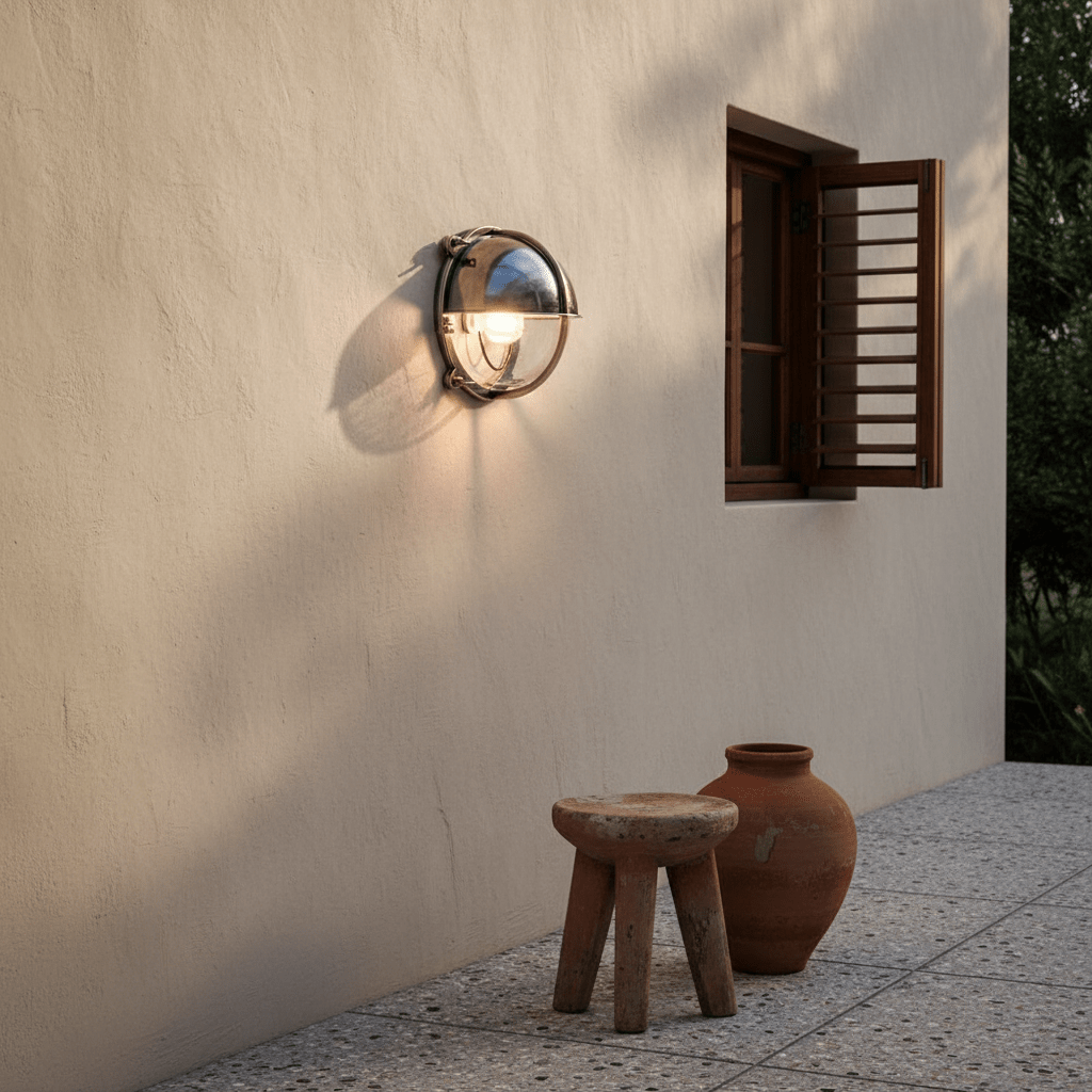 Nautical wall light mounted on a textured wall, illuminating a rustic stool and terracotta pot.