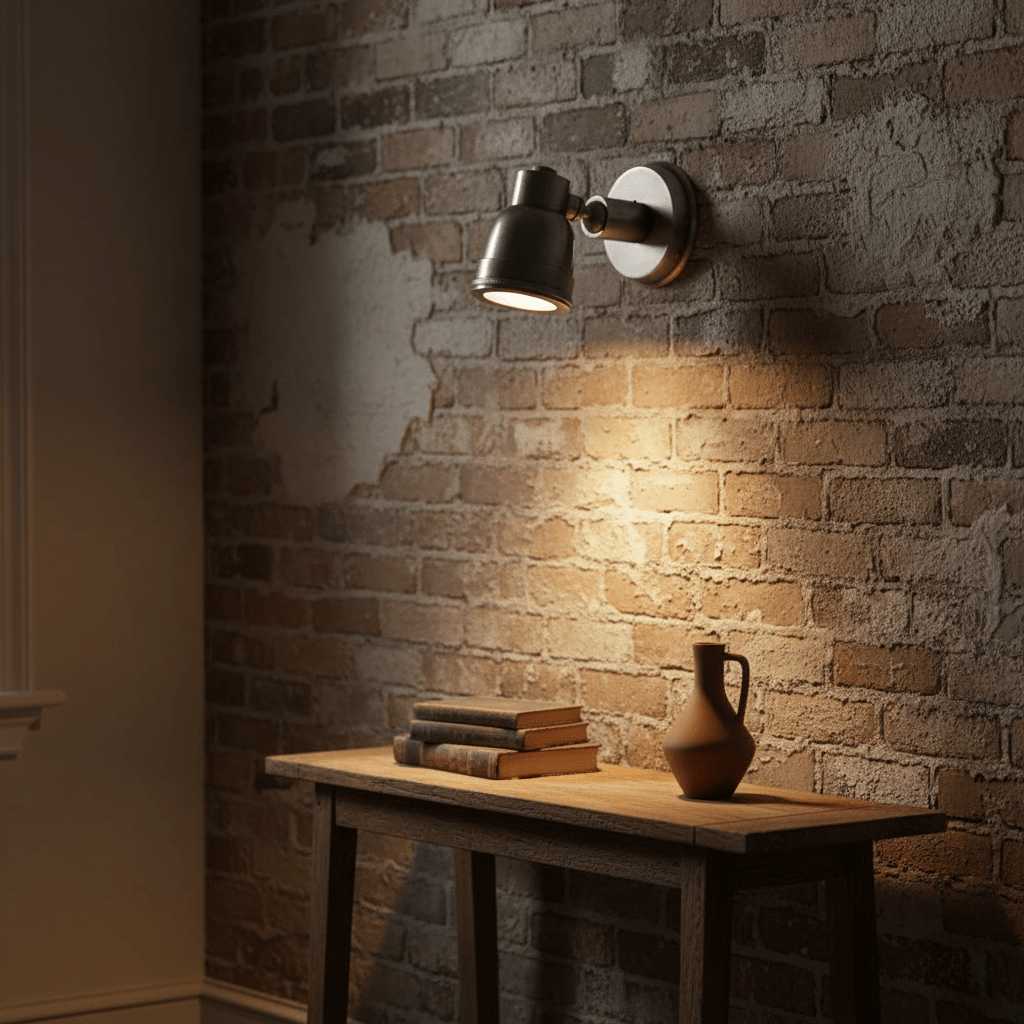 Indigo Wall Lamp Swirl in antique silver mounted on a textured brick wall, illuminating a wooden table with books and a vase.