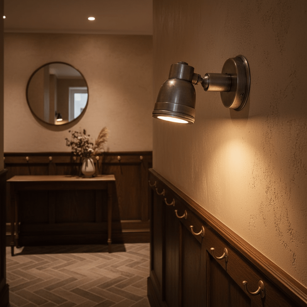 Indigo Wall Lamp Swirl in antique silver mounted on a textured wall, illuminating a hallway with a round mirror and wooden