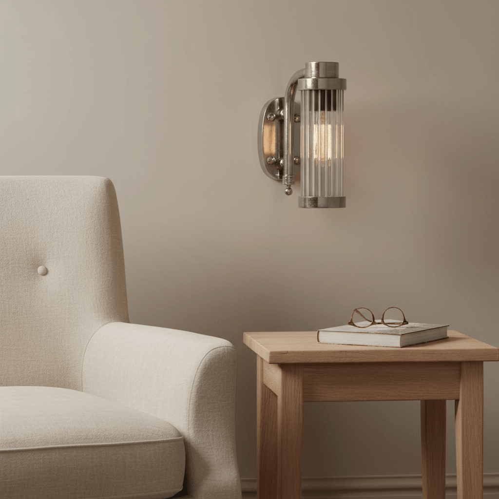 Antique silver wall lamp mounted beside a cozy armchair and wooden side table with a book and glasses.