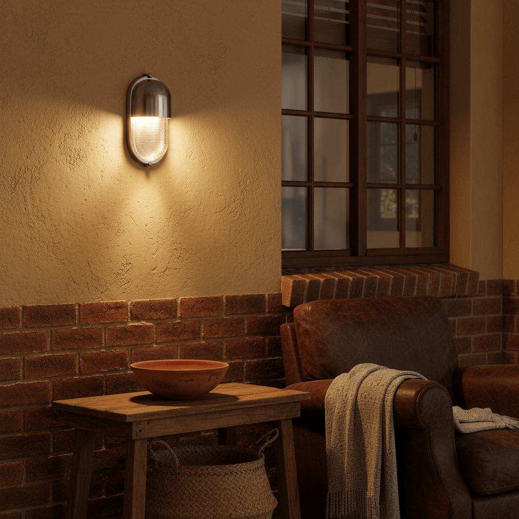 Shetland Ant Silver outdoor wall light mounted on a textured wall, illuminating a cozy seating area with a wooden table.