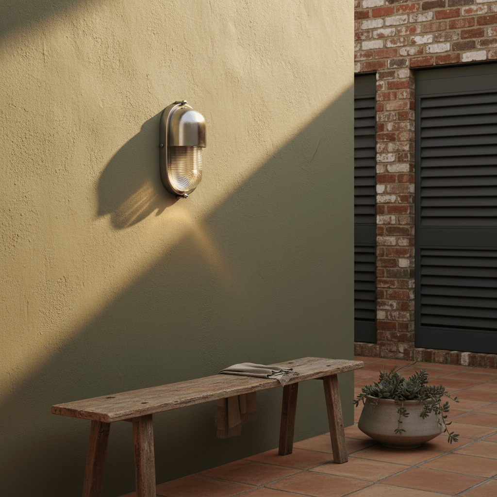 Shetland Outdoor Wall Light mounted on a textured green wall, casting shadows, with a wooden bench and potted plant nearby.