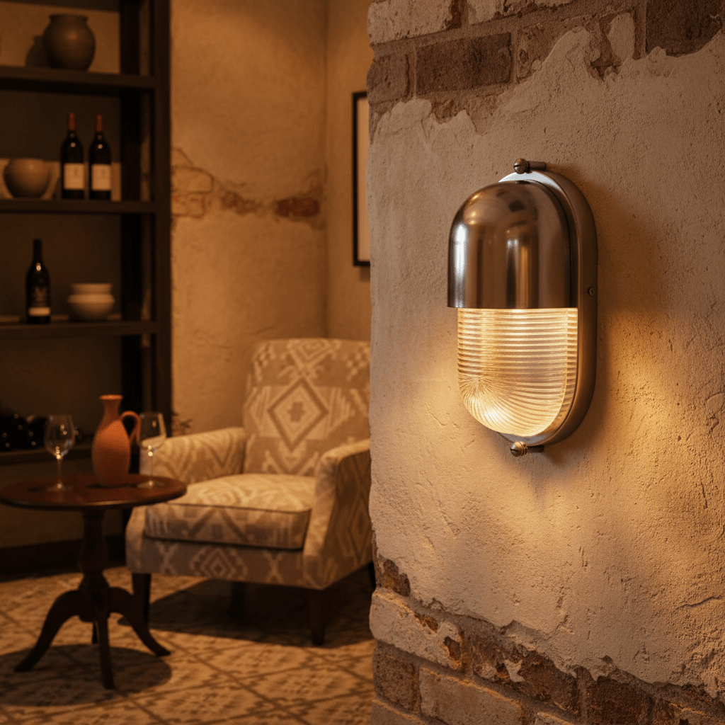 Shetland Ant Silver outdoor wall light mounted on a textured wall, illuminating a cozy seating area.