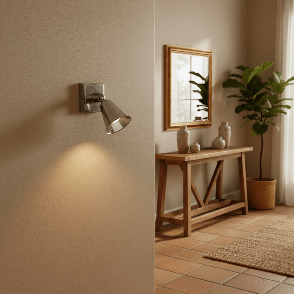 Antique silver wall lamp illuminating a textured wall, with a wooden table and plants in the background.