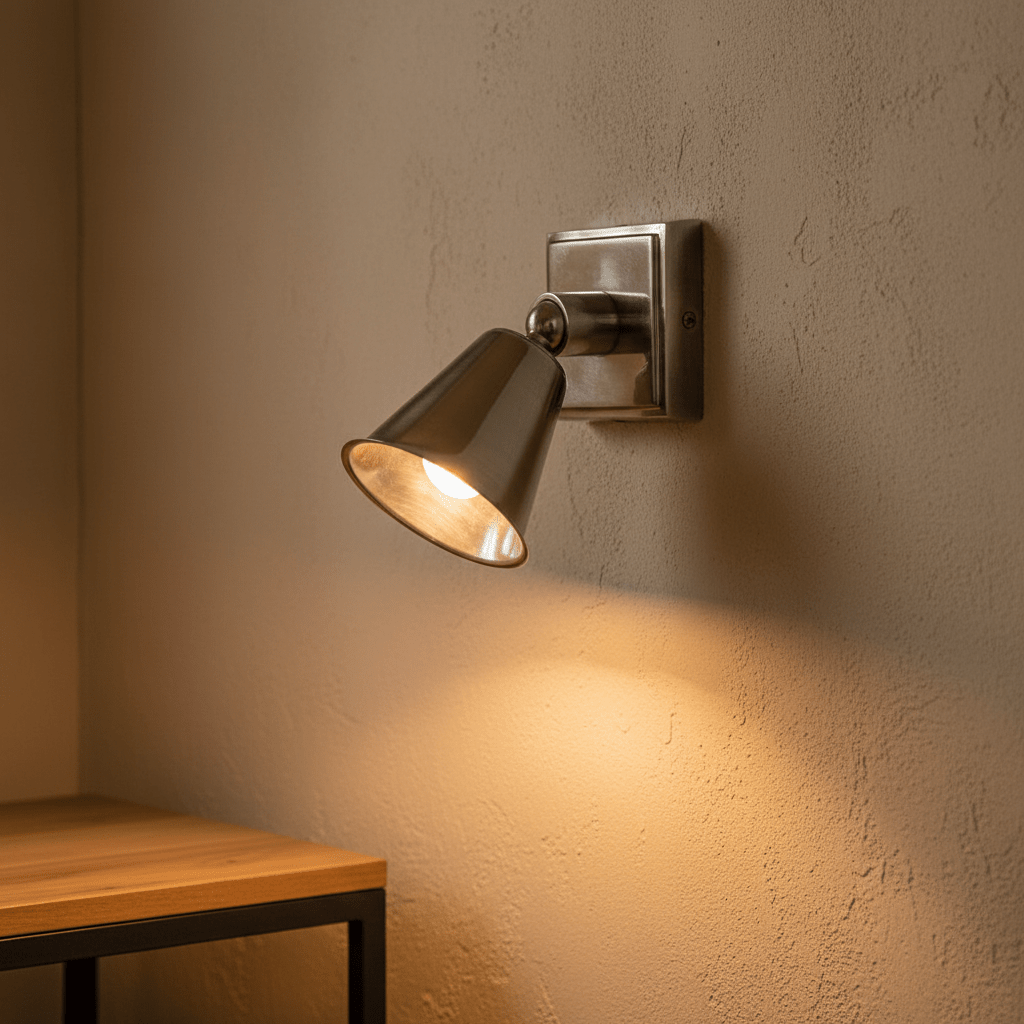 Antique silver wall lamp with adjustable spotlight mounted on a textured wall, illuminating a nearby wooden table.