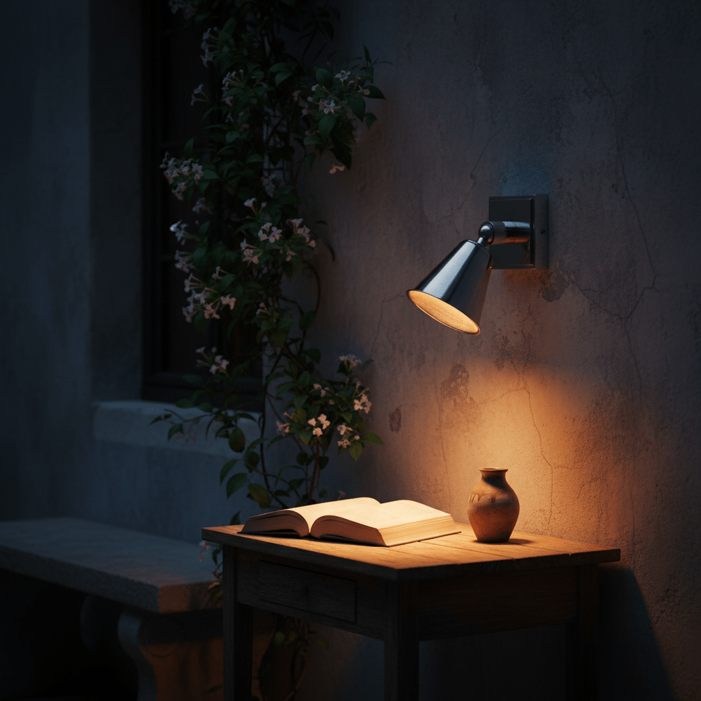 Antique silver wall lamp illuminating a wooden table with an open book and a vase, surrounded by greenery.