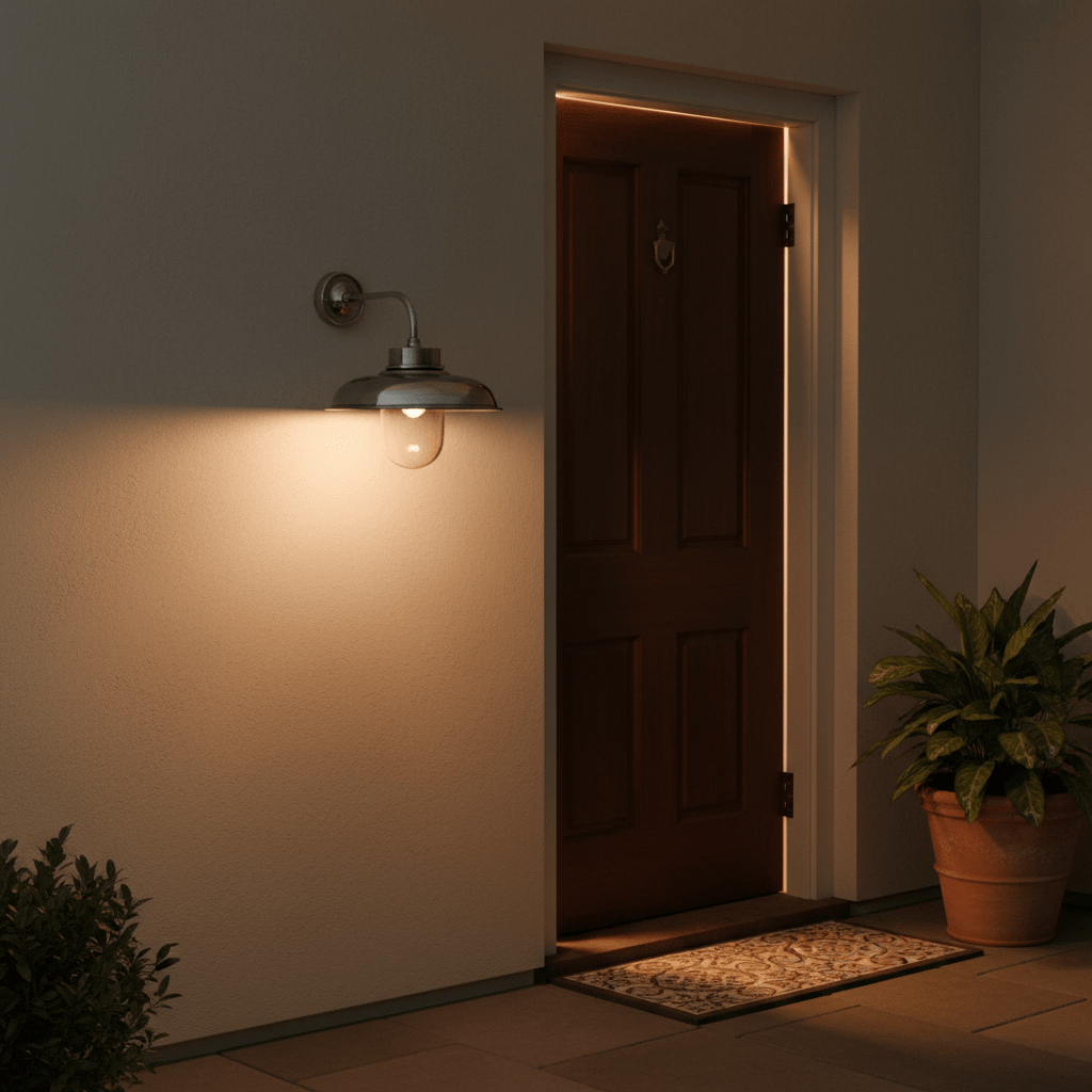 Antique silver outdoor wall light illuminating a doorway, with a potted plant nearby.