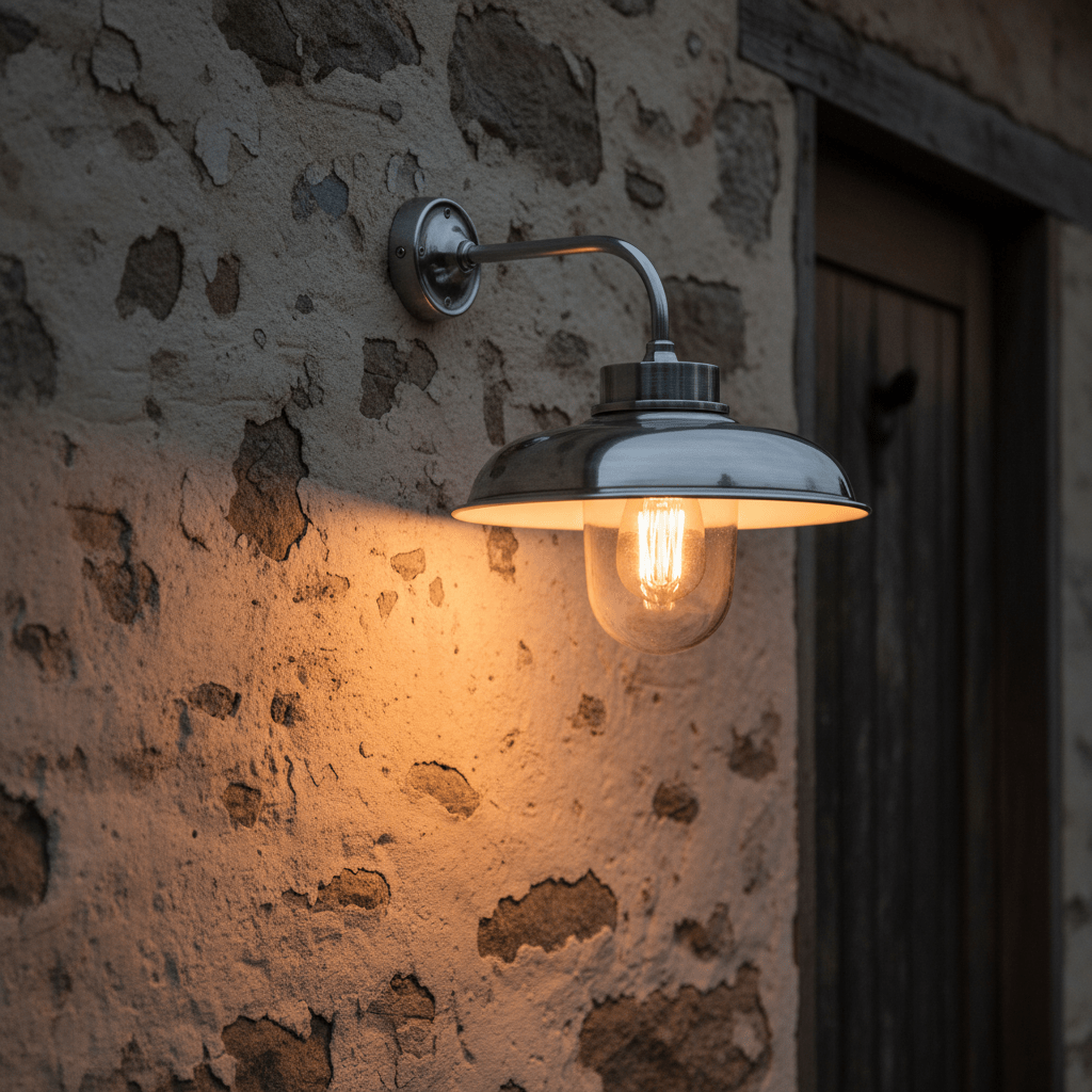 Antique silver outdoor wall light mounted on a textured stone wall, illuminating the area with a warm glow.