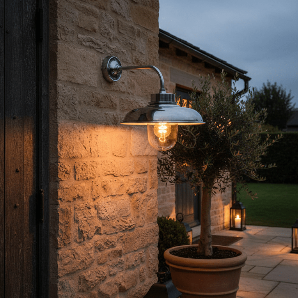 Antique silver outdoor wall light illuminating a stone wall, with a potted plant nearby.