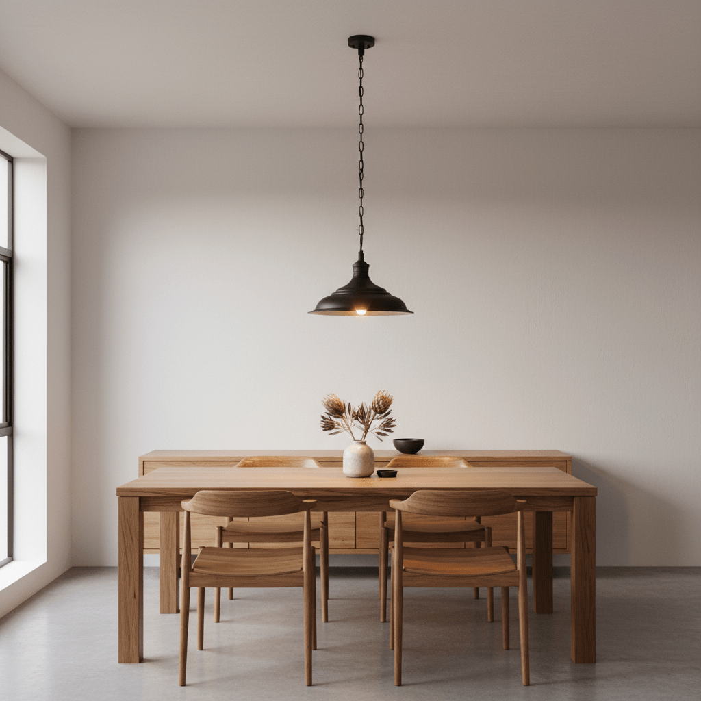 Medium matt black pendant lamp hanging above a wooden dining table with chairs and decor.