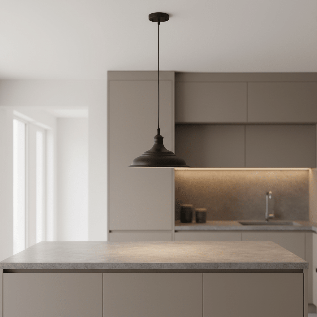 Ducasse Hanging Lamp in matt black suspended above a modern kitchen island with a concrete countertop.