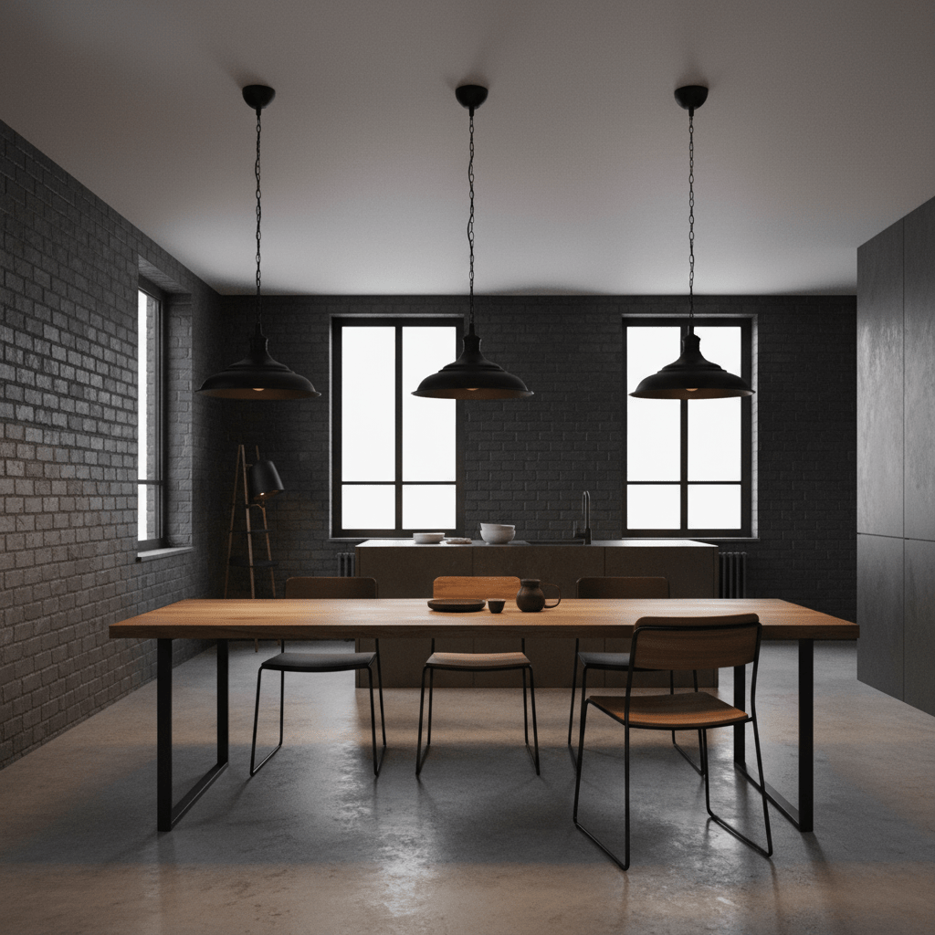 Three Ducasse medium hanging lamps in a modern kitchen setting above a wooden dining table.