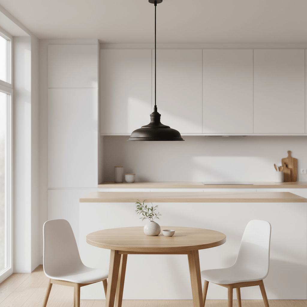 Ducasse Hanging Lamp in matt black above a round wooden table in a modern kitchen setting.