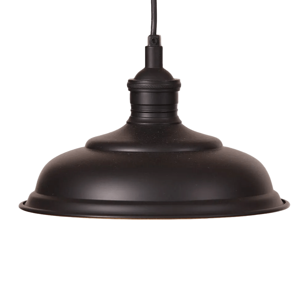 Small hanging lamp with a matte black finish, featuring a rounded shade and a textured socket.