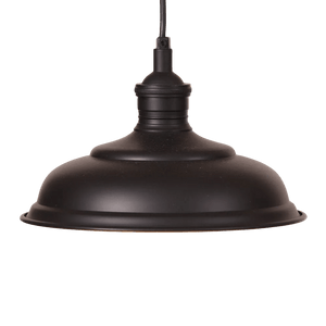 Small hanging lamp with a matte black finish, featuring a rounded shade and a textured socket.