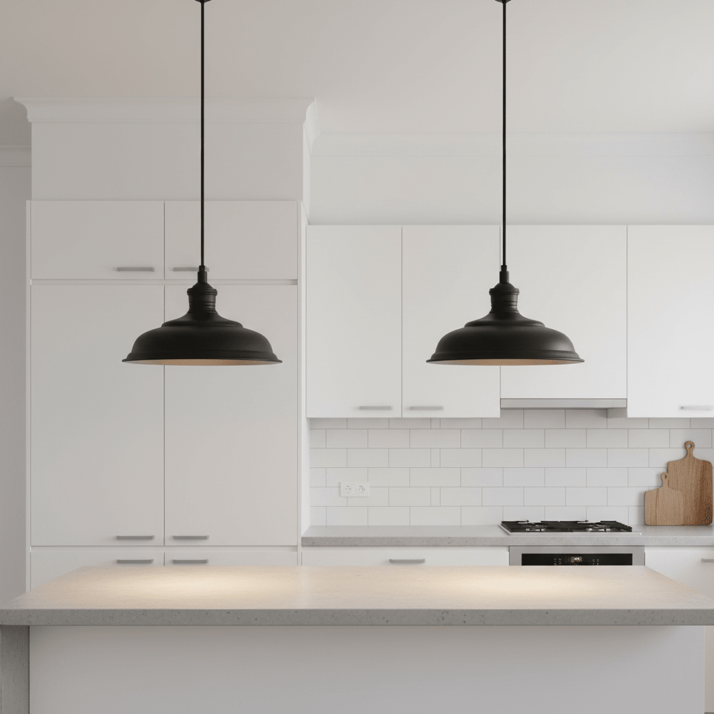 Two Ducasse Hanging Lamps in matt black above a modern kitchen island with a light countertop.