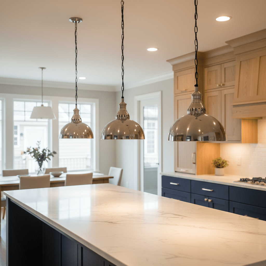 Three Seattle Hanging Lamps in antique silver above a kitchen island with a marble countertop.