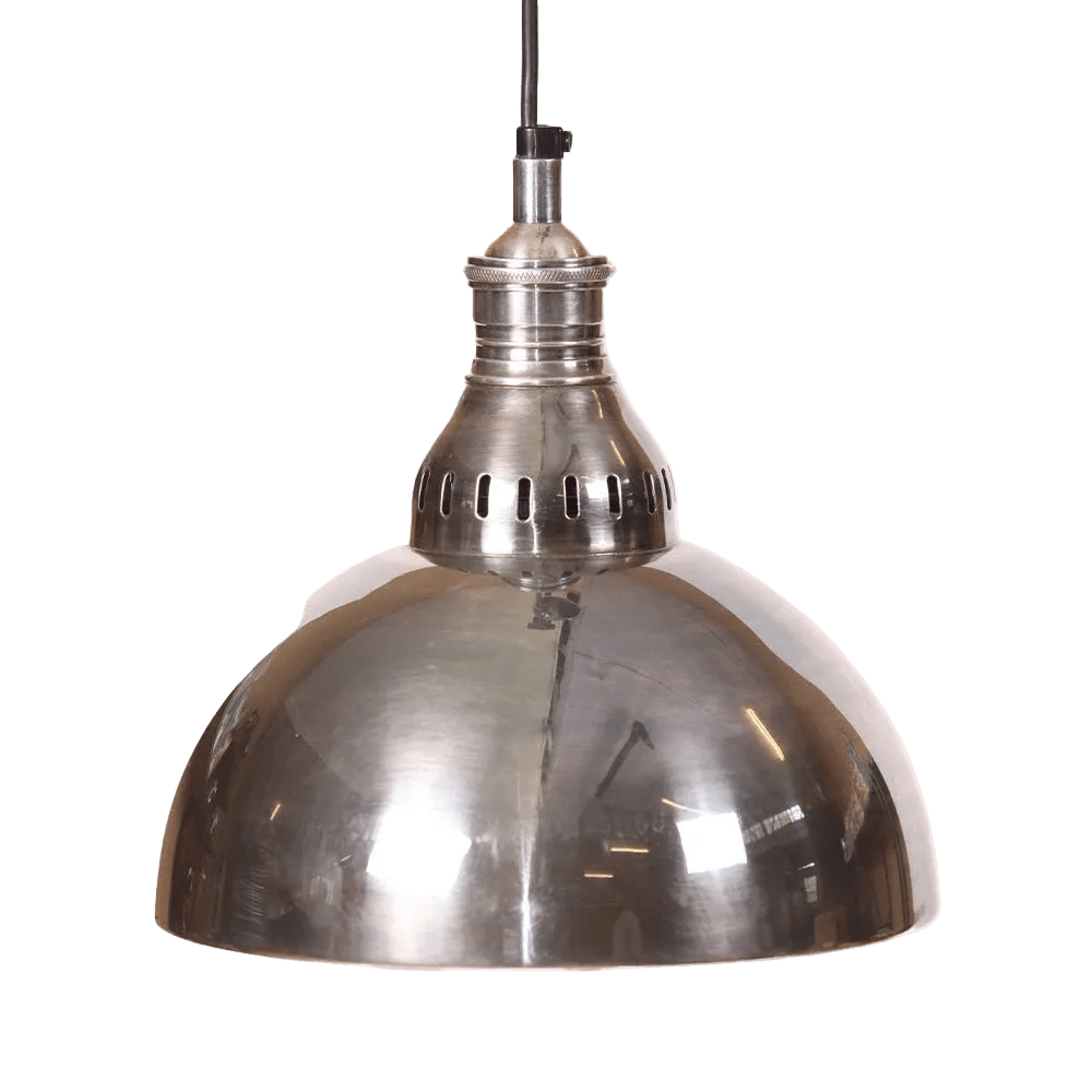 Antique silver hanging lamp with a rounded shade and a narrow neck, featuring ventilation holes near the top.