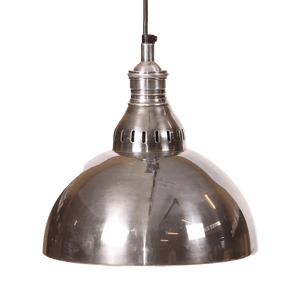 Antique silver hanging lamp with a rounded shade and a narrow neck, featuring ventilation holes near the top.