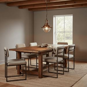 Wellington Hanging Lamp in antique brass above a rustic wooden dining table with beige chairs.