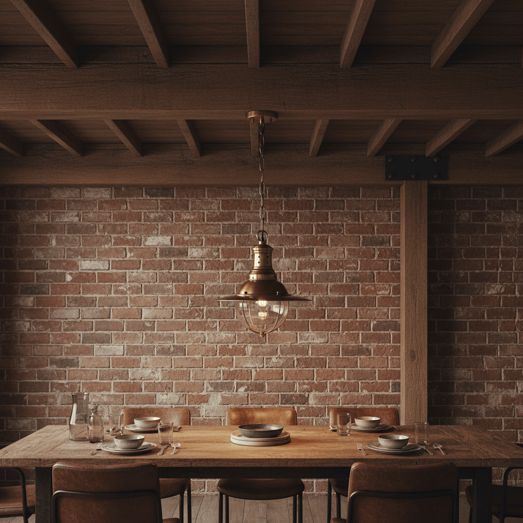 Wellington Hanging Lamp in antique brass above a rustic dining table with wooden chairs and a brick wall backdrop.
