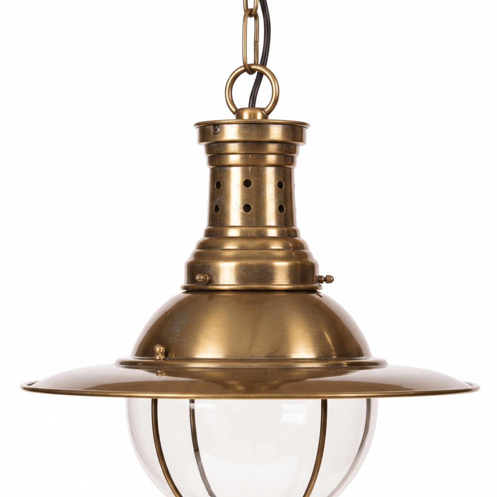 Close-up of the Wellington Hanging Lamp showcasing the antique brass finish and protective wire cage.