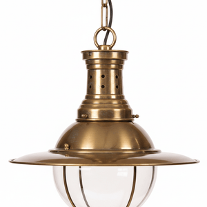 Close-up of the Wellington Hanging Lamp showcasing the antique brass finish and protective wire cage.