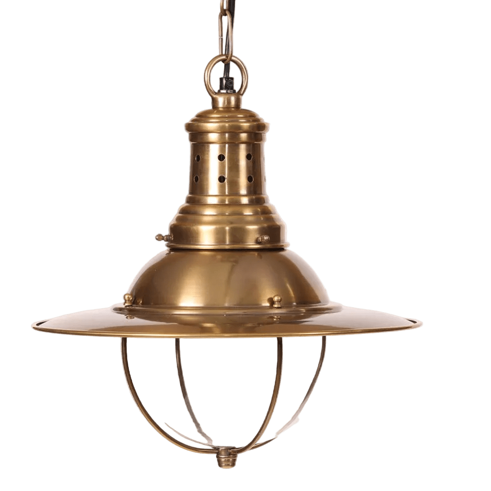Antique brass hanging lamp with a rounded shade, perforated top, and protective wire cage.