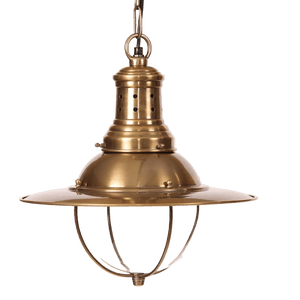 Antique brass hanging lamp with a rounded shade, perforated top, and protective wire cage.