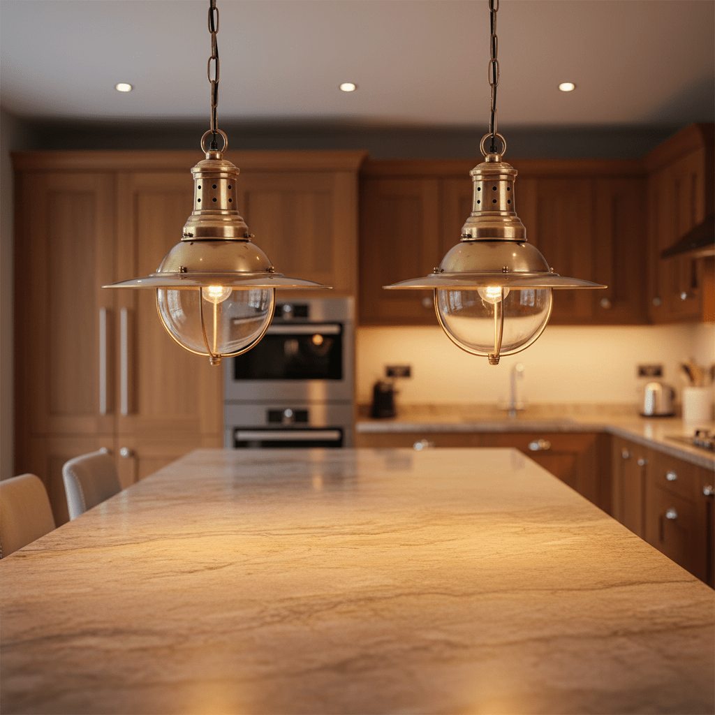 Two Wellington Hanging Lamps in antique brass above a kitchen island with a marble countertop.