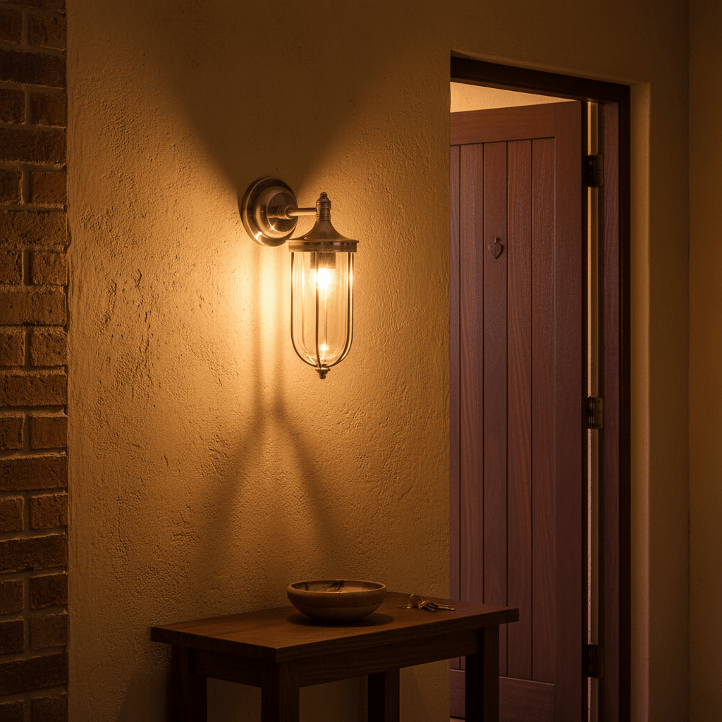 Antique silver wall lamp with clear glass diffuser illuminating a textured wall and wooden table.