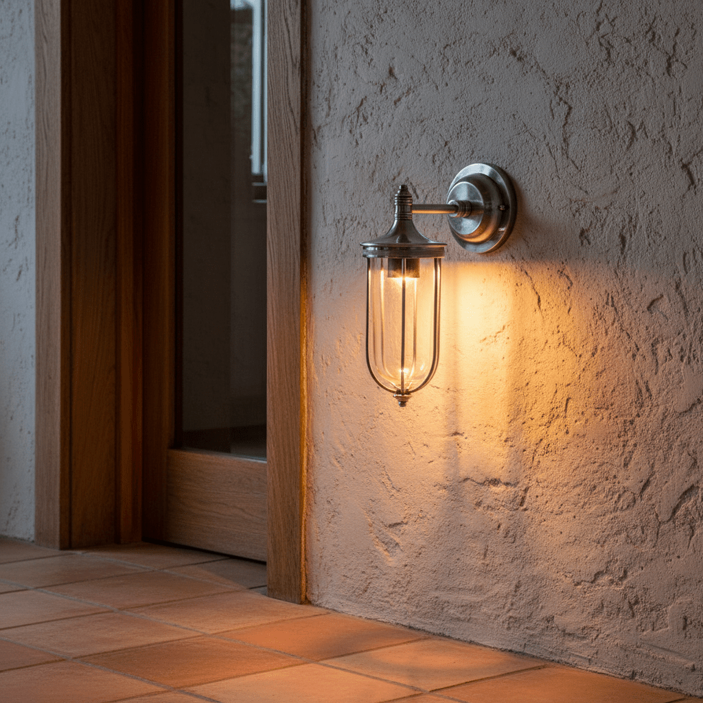 Antique silver Noosa wall lamp mounted on textured wall, illuminating entryway with warm light.