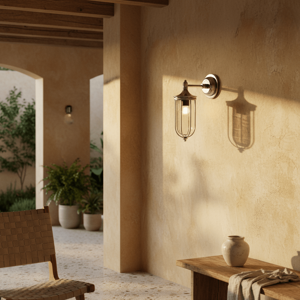 Antique silver Noosa wall lamp mounted on a textured wall, casting shadows, with a wooden bench and potted plants nearby.