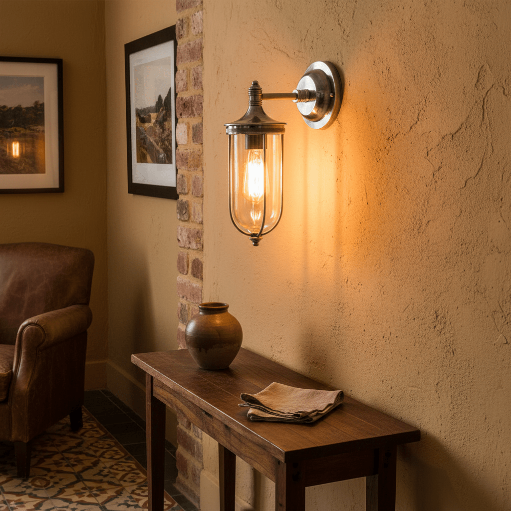 Antique silver wall lamp with clear glass shade illuminating a rustic interior with a wooden table and pottery.