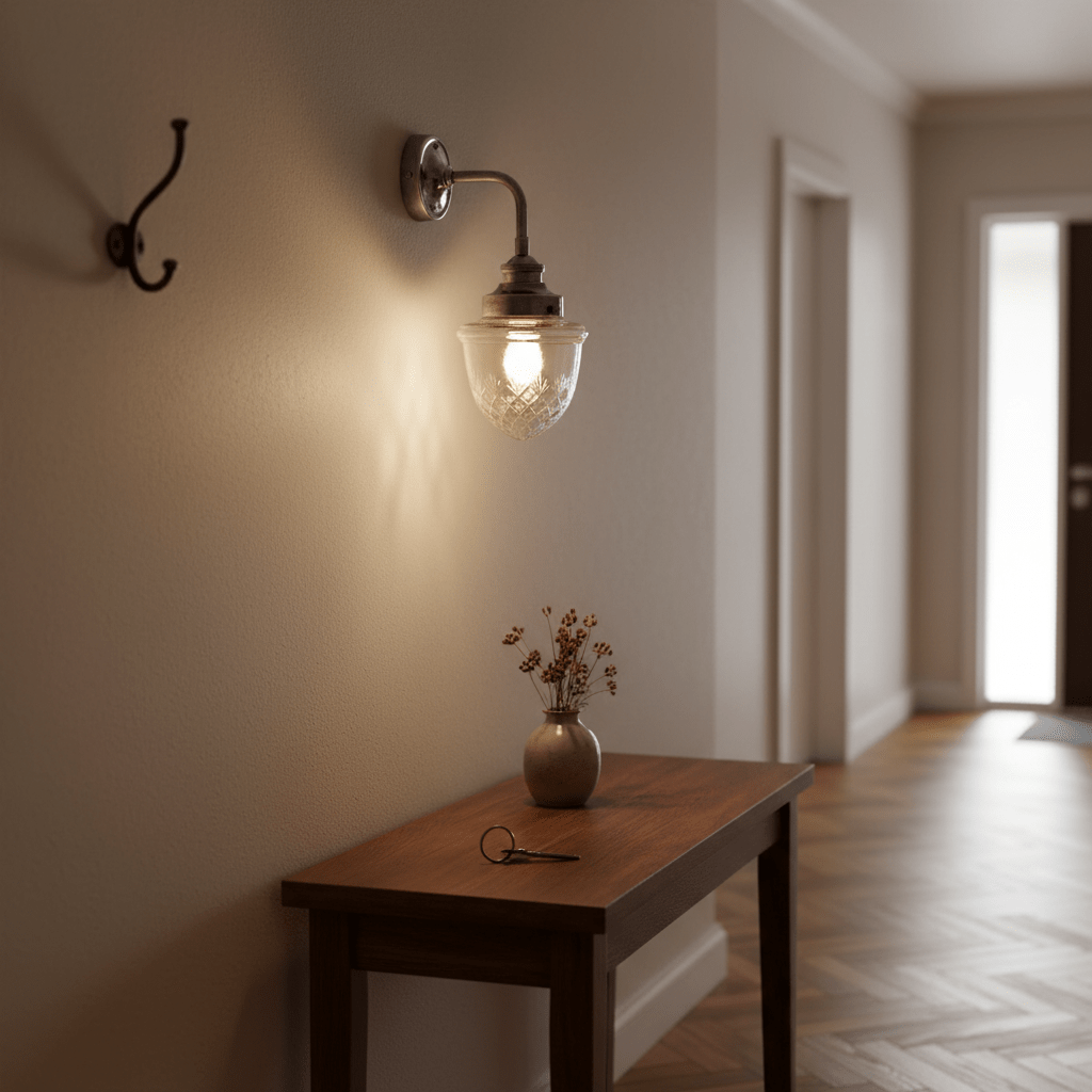 Antique silver wall lamp with cut glass design illuminating a hallway, beside a wooden table with a vase.